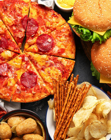 Image of Deli foods including pizza, burgers and onion rings